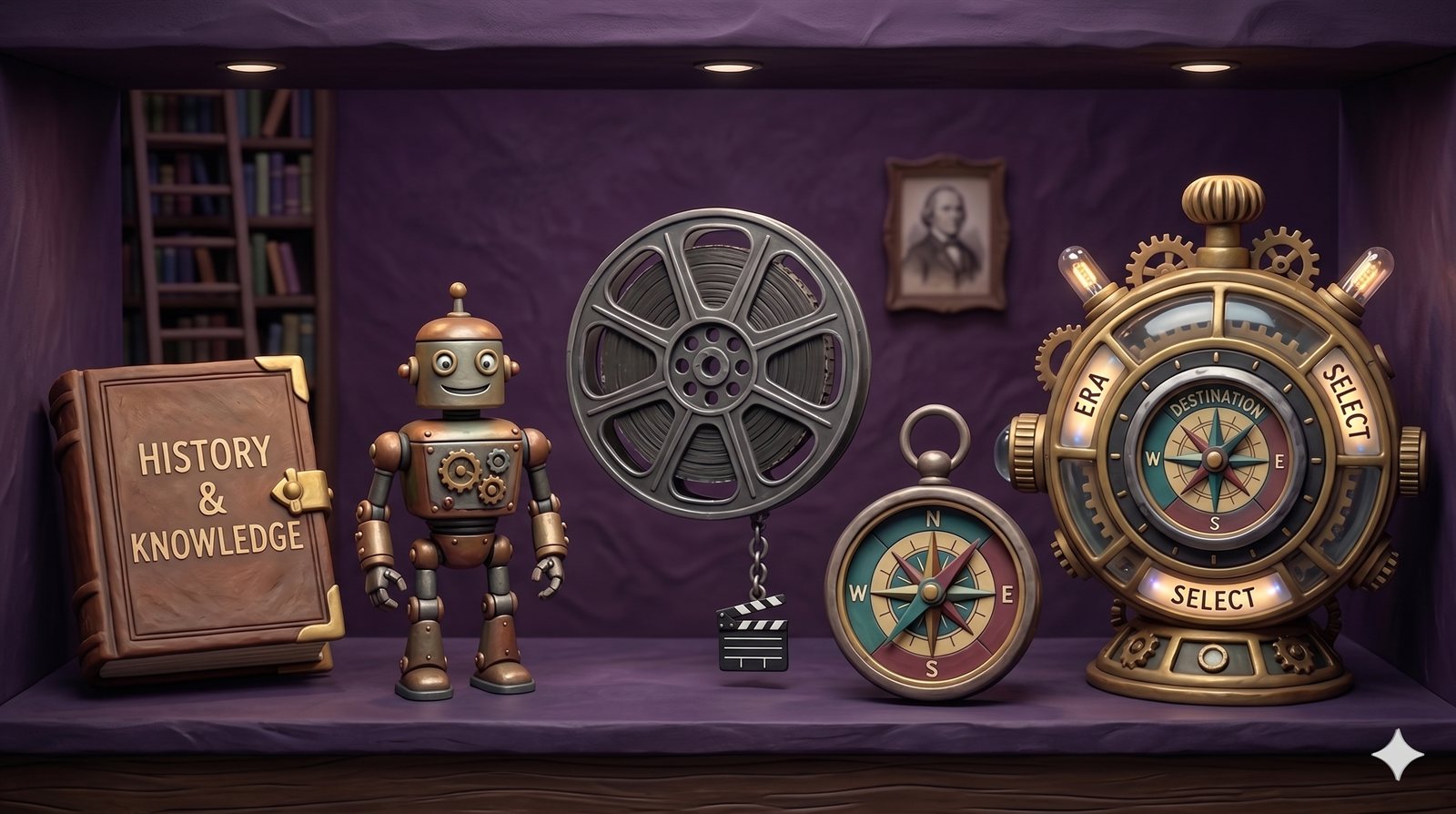 A claymation shelf with a history book, a robot, a film reel, a compass, and an era-select device